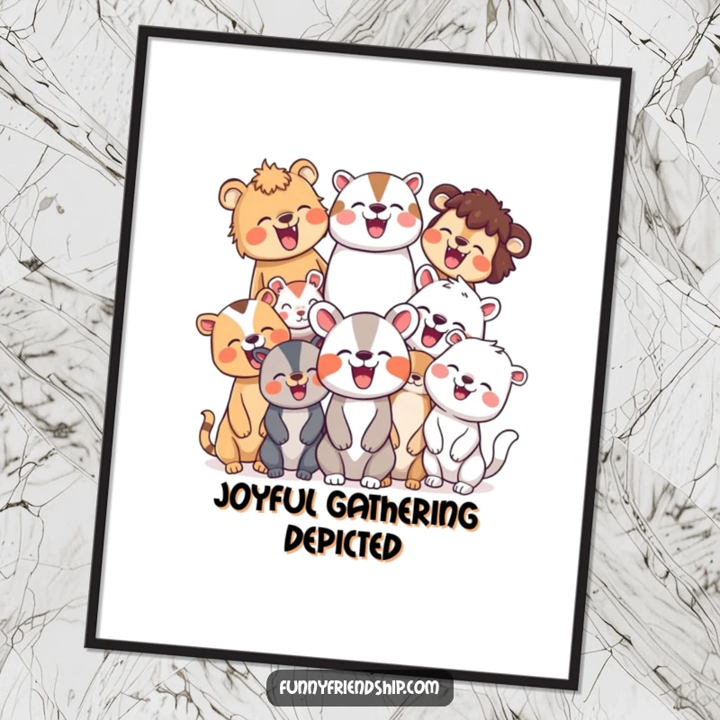 Funny digital art print capturing diverse animal characters in a moment of shared, joyous laughter, ideal for cheerful wall decor and promoting unity.