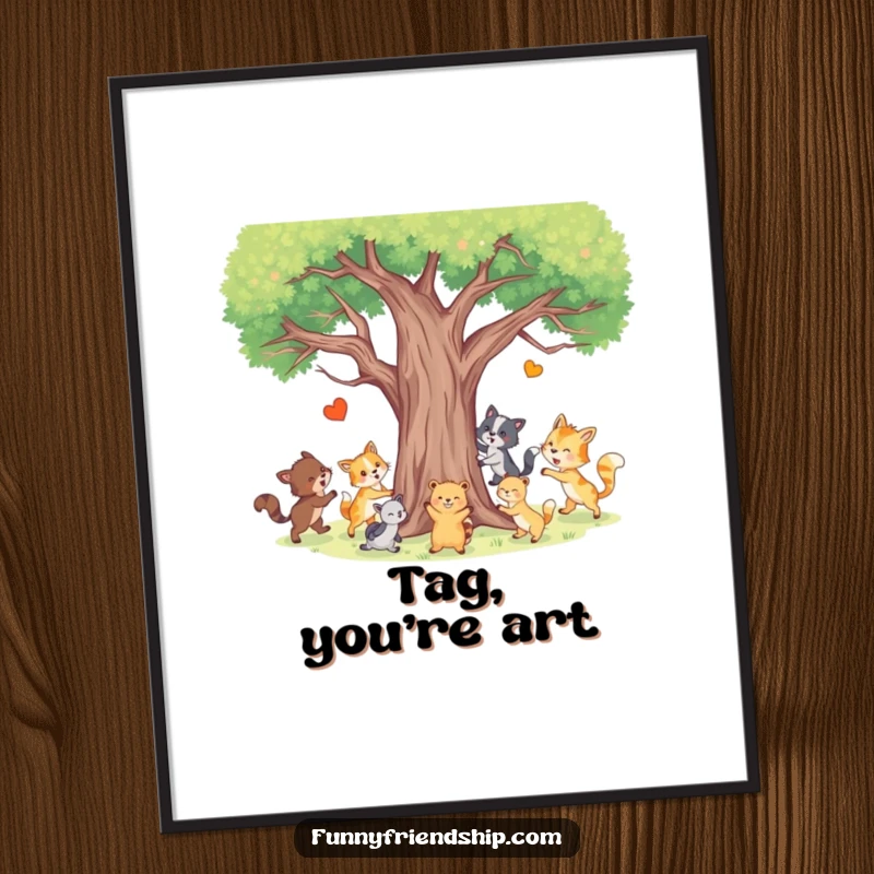 Funny Animal Tag Digital Art Print of happy animals playing tag around a tree, a joyful and playful downloadable artwork.