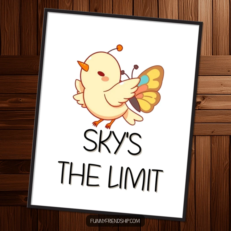 Funny Bird and Butterfly Digital Art Print: A high-resolution illustration of a bird and butterfly soaring joyfully, ready to be printed.