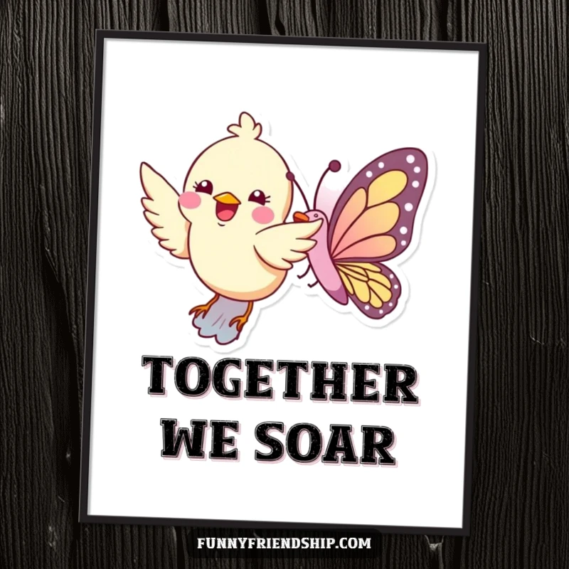 Funny digital art print of a bird and butterfly flying together, great for instant wall decor.