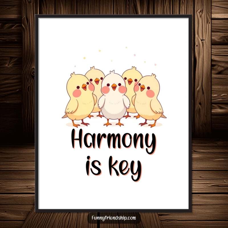 Funny bird characters forming a choir, singing together joyfully, high-resolution cartoon digital art print for humorous music decor.