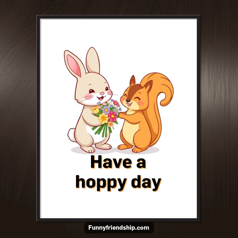 Funny digital art print of a playful rabbit offering a flower bouquet to a squirrel, perfect for instant humorous wall decor.