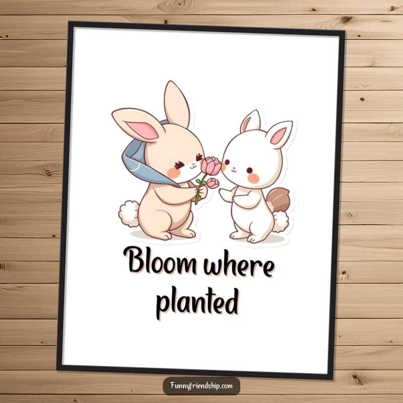 Funny digital art print: a bunny character offers a flower to another animal, creating a humorous and heartwarming artwork about kindness.