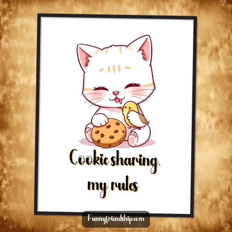 Funny Cat Bird Cookie Digital Art Print of a cat character sharing a cookie with a tiny bird, a heartwarming and charming downloadable artwork.