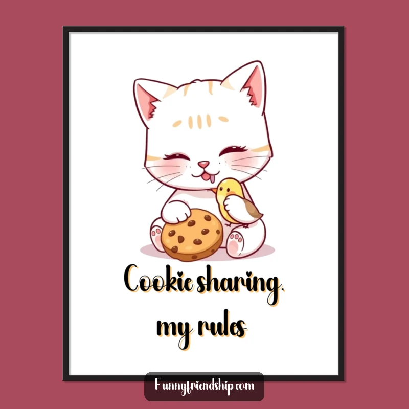 Funny Cat Bird Cookie Digital Art - Whimsical Friendship Scene - Instant Humorous Gift