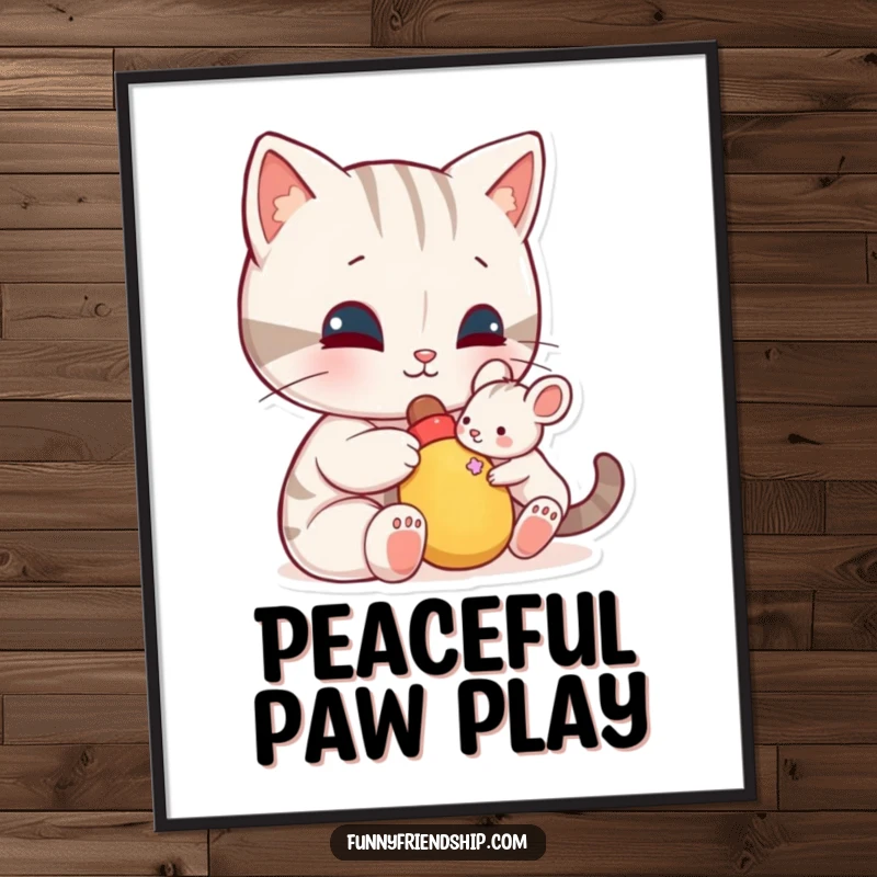 Funny digital art print: a cat character shares a toy with a small mouse, creating a humorous and heartwarming artwork about friendship.