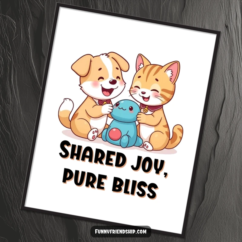 Funny dog and cat characters happily sharing a toy, presented as a downloadable digital art print, perfect for framing, a funny gift.