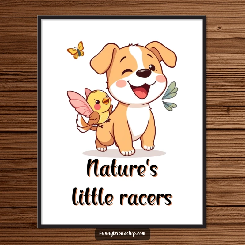 Funny digital art print: a lively depiction of a dog and bird chasing a butterfly, full of energy.