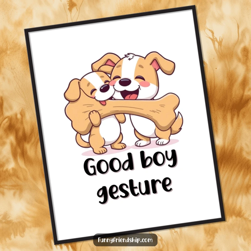 Funny digital art print of a friendly dog enthusiastically sharing a giant bone with another, perfect for instant humorous wall decor.