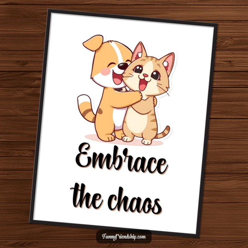 Funny Digital Art Print: Cute dog character enthusiastically hugging a surprised cat character, an instant download of heartwarming pet humor.