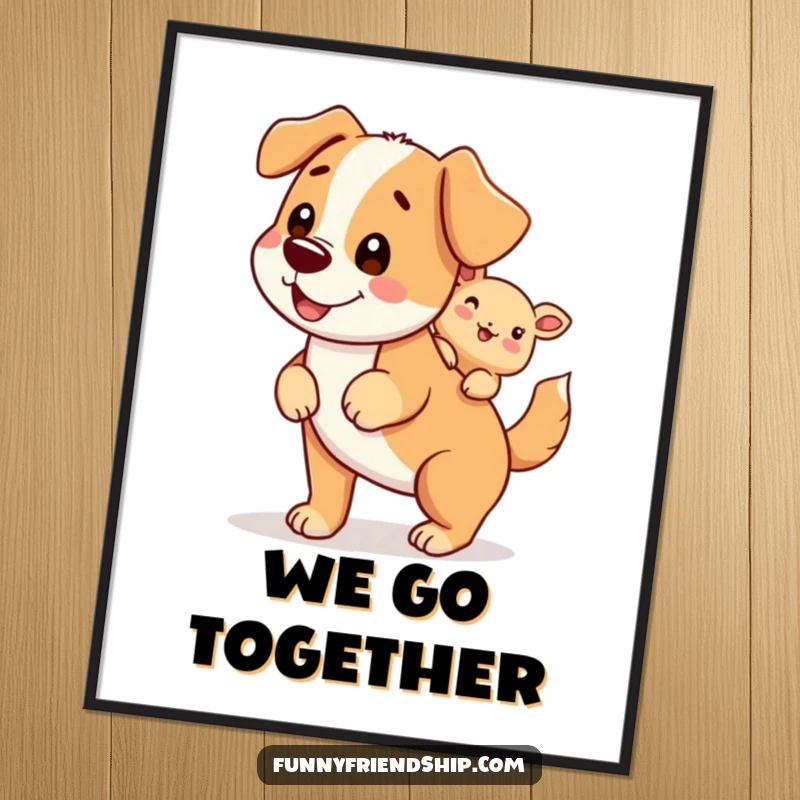 Funny digital art print of a dog character giving a piggyback ride to a smaller creature, great for decor.