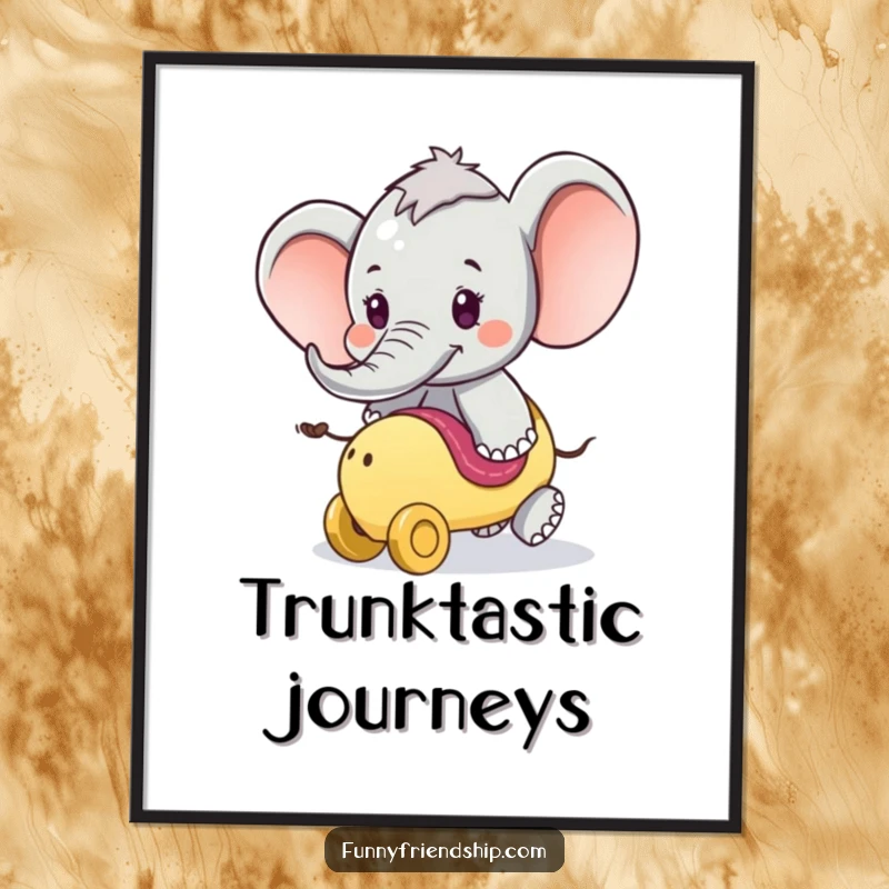 Funny Digital Art: Playful elephant character offering a ride on its trunk, symbolizing adventure and fun.