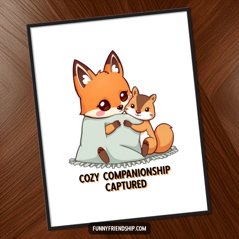 Funny digital art print capturing a happy fox and squirrel snuggled under a cozy blanket, ideal for warm wall decor and symbolizing friendship.