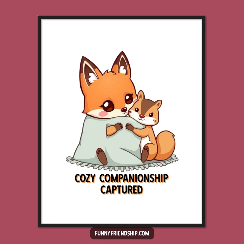 Funny Fox Digital Art Print: Cozy Blanket Friendship Decor, Instant Gift