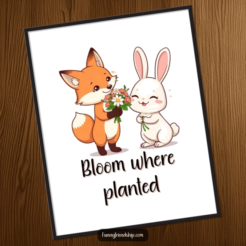 Funny Digital Art Print of a fox offering flowers to a giggling rabbit, bringing instant sweetness and humorous charm to any room.