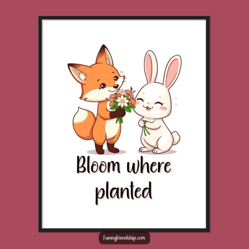Funny Fox & Rabbit Flower Digital Art: Instant Sweetness and Humor for Your Walls