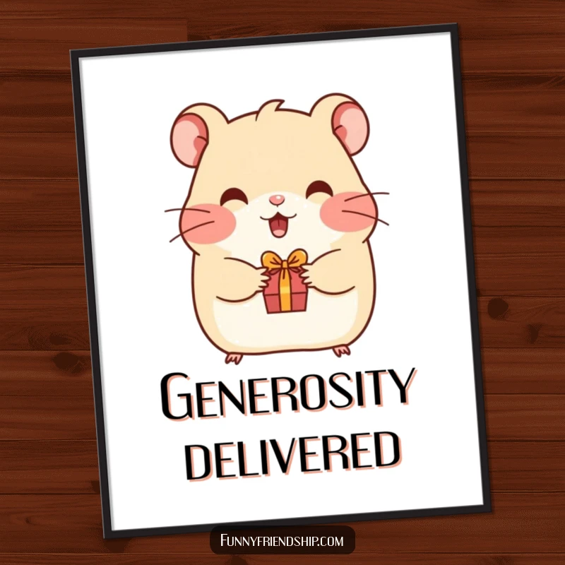 Funny hamster digital art print of a happy hamster offering a tiny gift, capturing heartwarming humor and generosity for your walls.