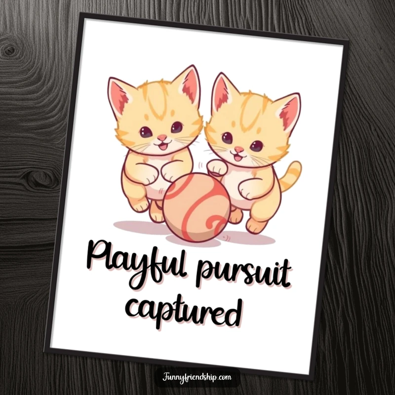 Funny digital art print capturing two dynamic kittens in a playful chase after a single bouncing ball, ideal for cheerful wall decor.