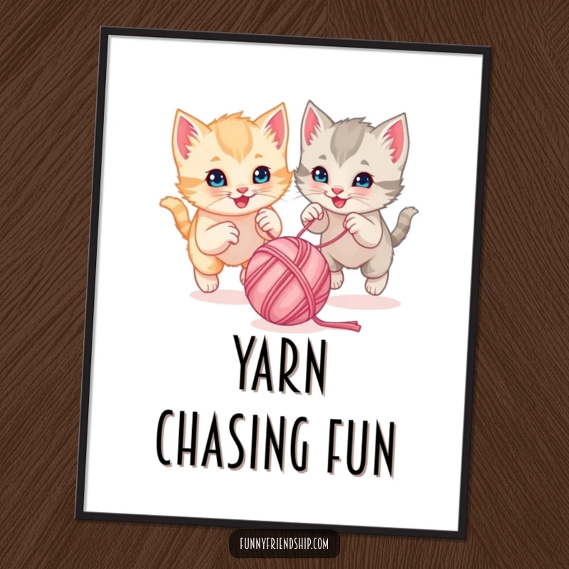 Funny playful kittens chasing a bouncing ball of yarn together, as a high-resolution digital art print, showcasing cute cartoon charm