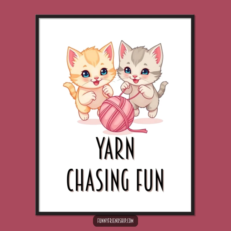 Funny Kitten Yarn Chase Digital Art - Playful Cartoon Character Print Gift