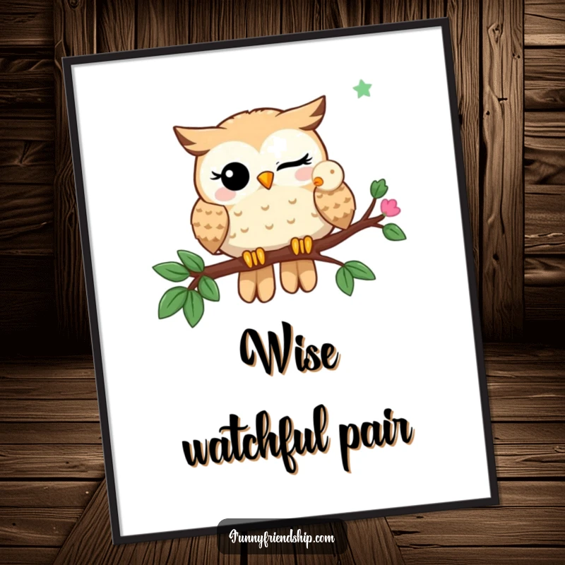 Funny Digital Art: A winking owl shares a branch with another owl, a piece of wise and humorous wall art.