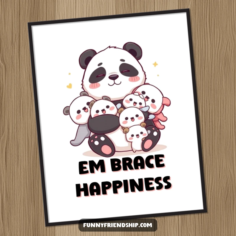 Funny panda digital art print of a cuddly panda joyfully hugging characters, capturing heartwarming humor and pure joy for your walls.