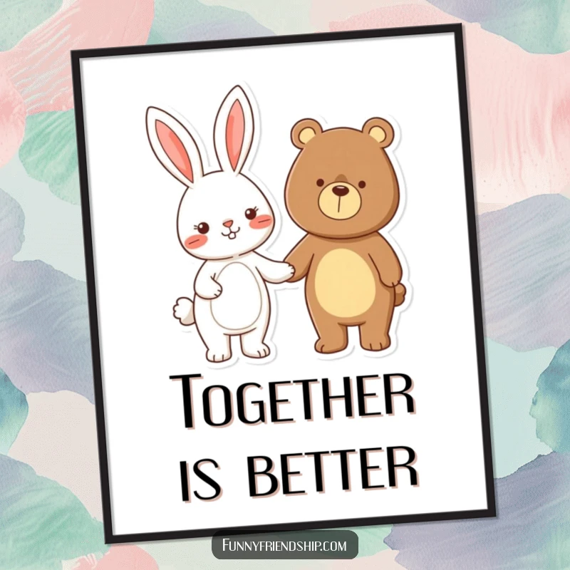 Funny rabbit and bear characters holding hands, high-resolution cartoon digital art print for whimsical and humorous wall decor.