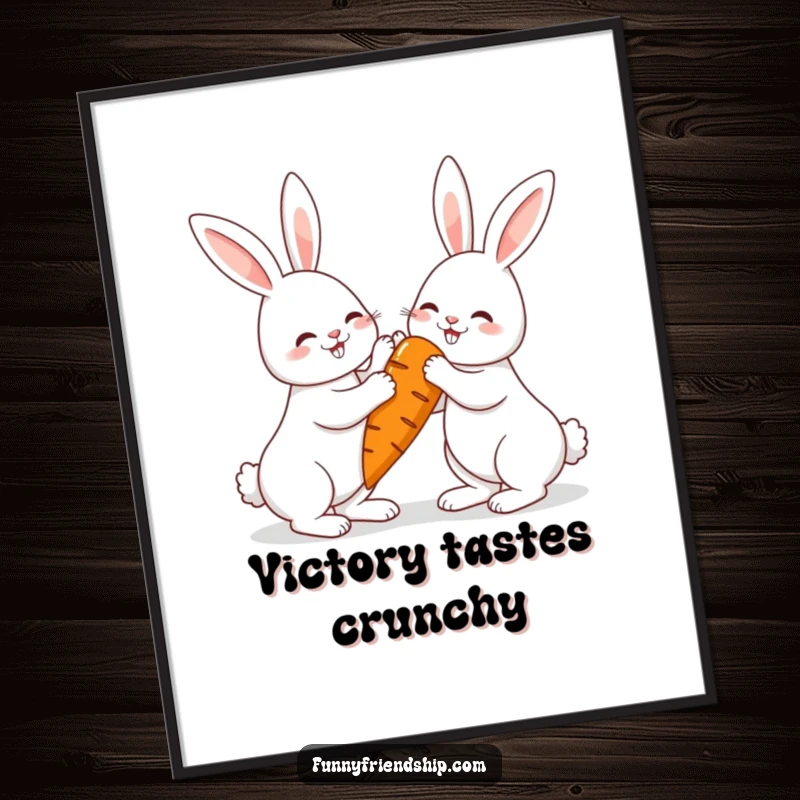 Funny rabbit digital art print with two high-fiving bunnies and a giant carrot, cheerful and downloadable artwork.