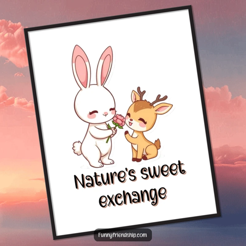 Funny digital art print of a rabbit offering a flower to a deer, capturing a heartwarming and humorous woodland moment.