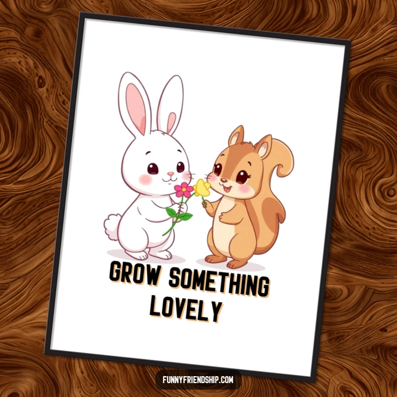 Funny Digital Art Print: Playful rabbit character offering a flower to a shy squirrel character, an instant download of charming woodland humor.