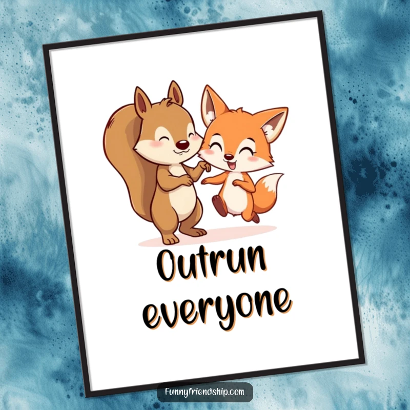 Funny digital art print of a squirrel and a fox character playing tag, a dynamic and amusing woodland illustration.