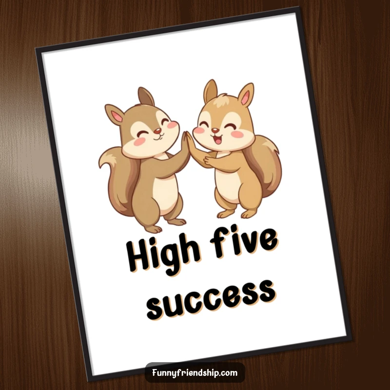 Funny digital art print of two squirrels enthusiastically high-fiving, perfect for wall decor humor.