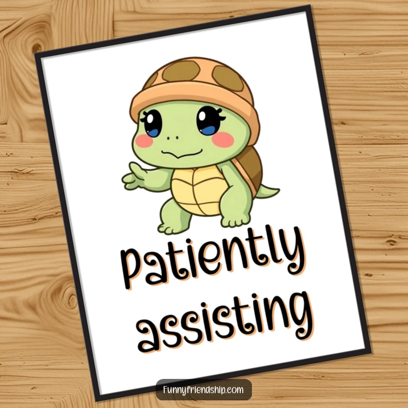 Funny digital art print of a determined turtle slowly offering a helping hand, symbolizing patience and unwavering support in decor.
