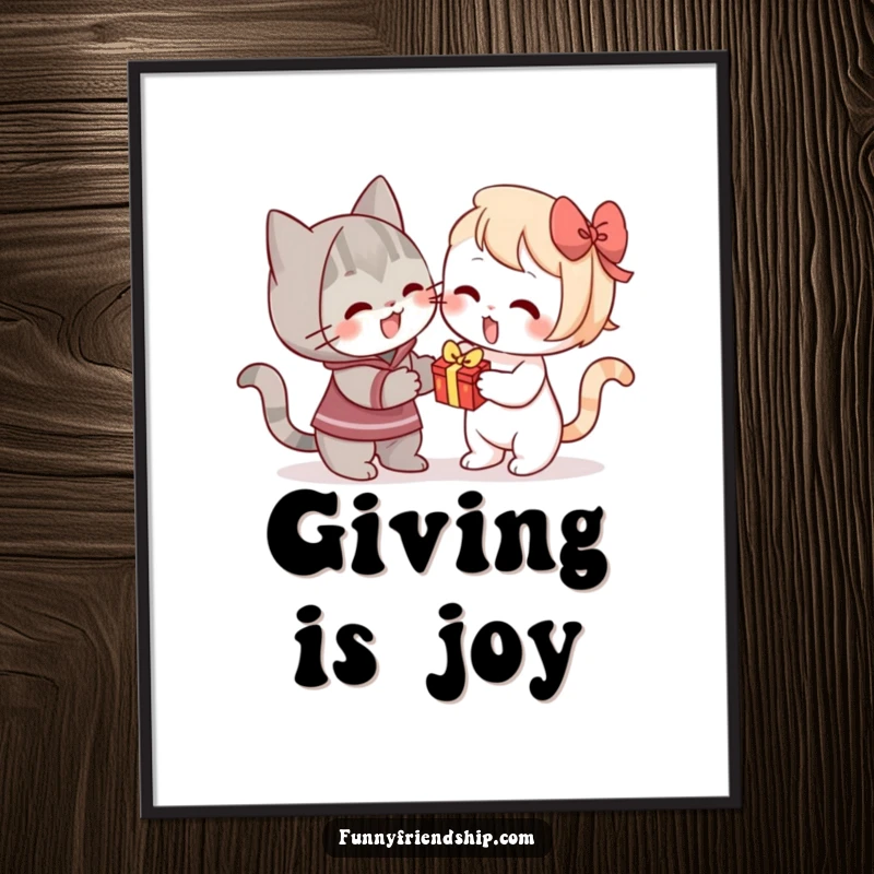 Funny digital art print of a cat enthusiastically offering a small gift, perfect for wall decor humor.