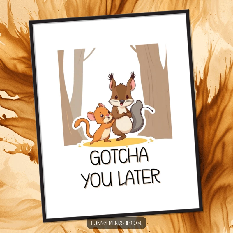 Funny squirrel and mouse characters playing tag, high-resolution cartoon digital art print for humorous, energetic wall decor.
