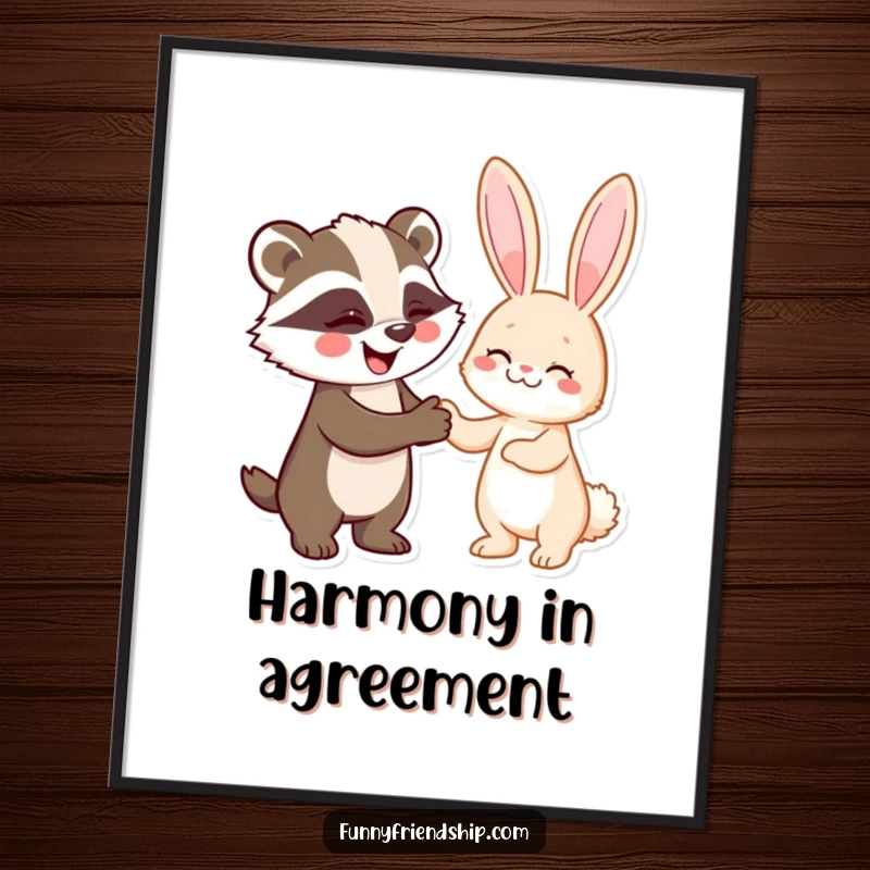 Funny digital art print of a badger and rabbit shaking hands, symbolizing a humorous agreement and friendship.