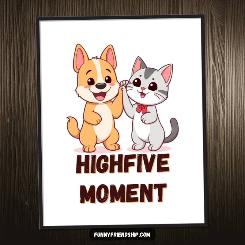 Funny digital art print of a cheerful dog and cat giving each other a high five, symbolizing interspecies friendship and joy.