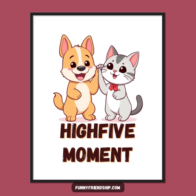 Funny Dog and Cat High Five Digital Art: Whimsical Pet Decor, Perfect Gift for Art Lovers