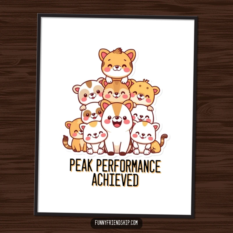 Funny digital art print of a pyramid of smiling animals, symbolizing happiness, unity, and cheerful decor.