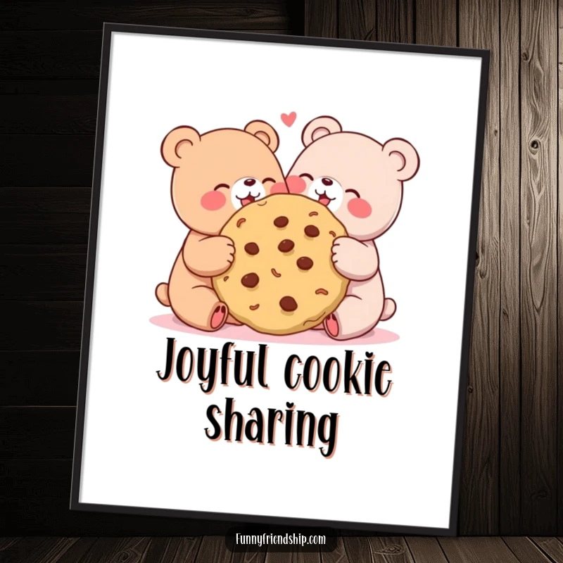 Funny digital art print of two cute bears joyfully sharing a giant cookie, perfect for wall decor humor.