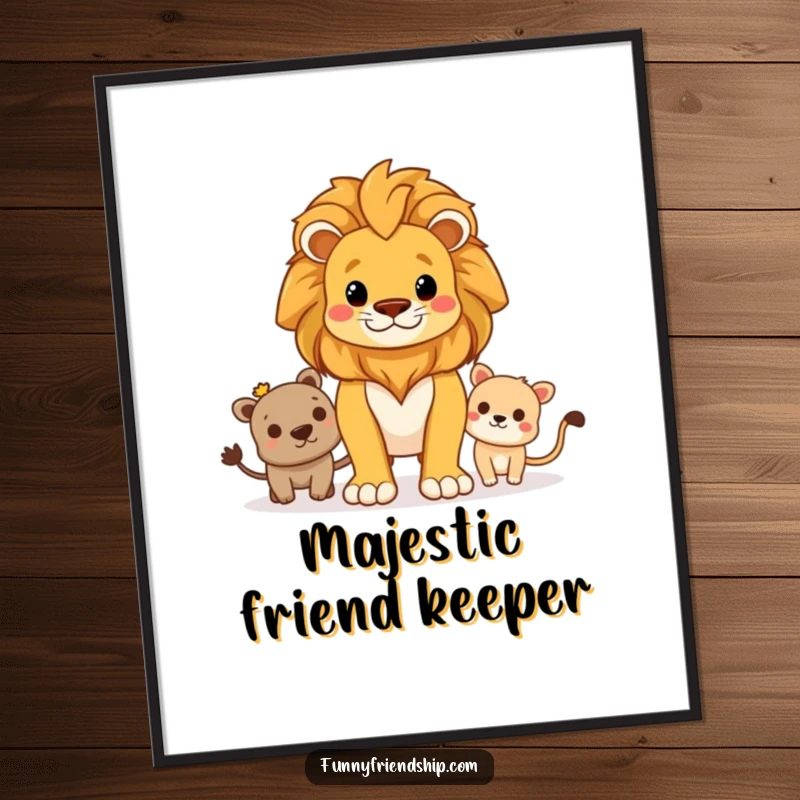 Funny digital art print of a proud lion standing guard over friends, symbolizing bravery, loyalty, and protection in decor.