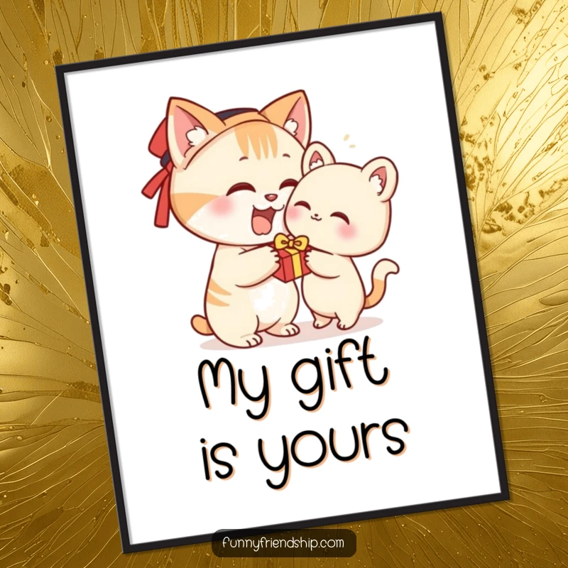 Funny digital art print of a cat character enthusiastically giving a gift, great for instant wall decor.