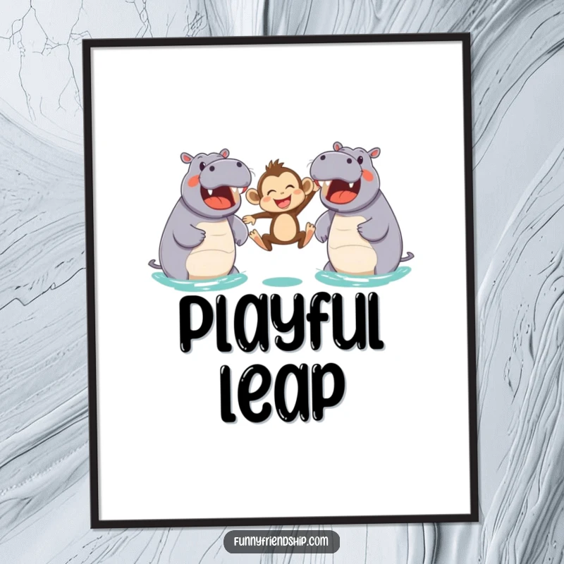Funny digital art print of a joyful monkey leaping between two friendly hippos, a humorous and downloadable illustration for instant decor.