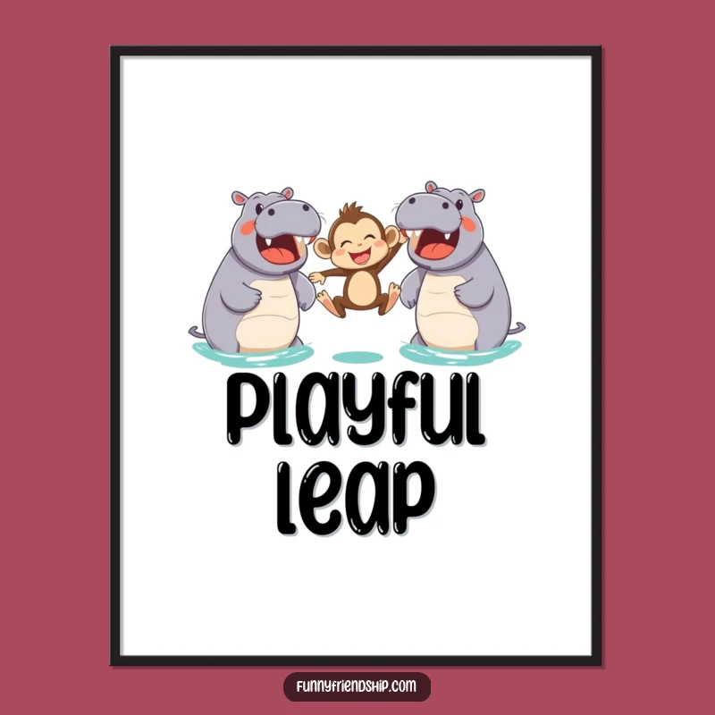 Funny Monkey & Hippo Leap Digital Print: Instant Joyful Wall Art
