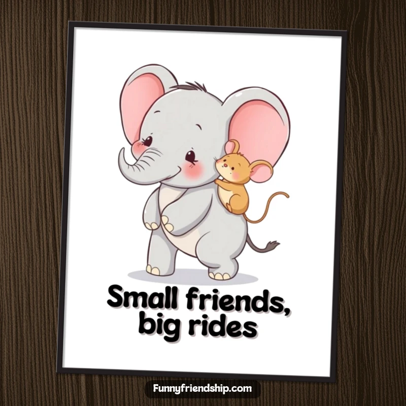 Funny digital art print of an elephant giving a mouse a piggyback ride, symbolizing friendship and happiness.