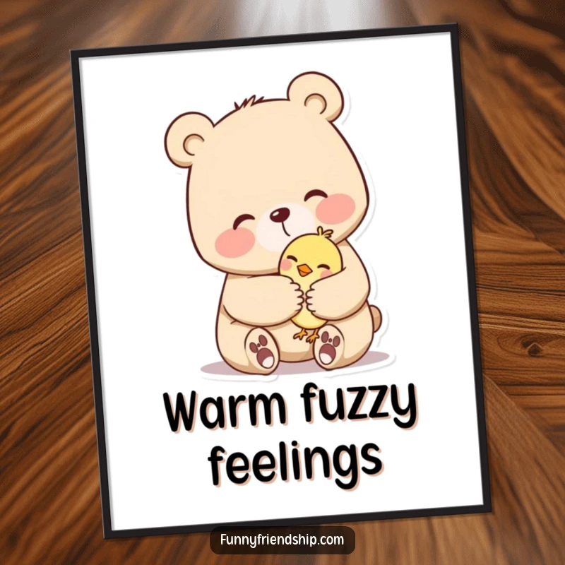 Funny digital art print of a gentle bear character offering a warm hug to a small bird. Instant download.