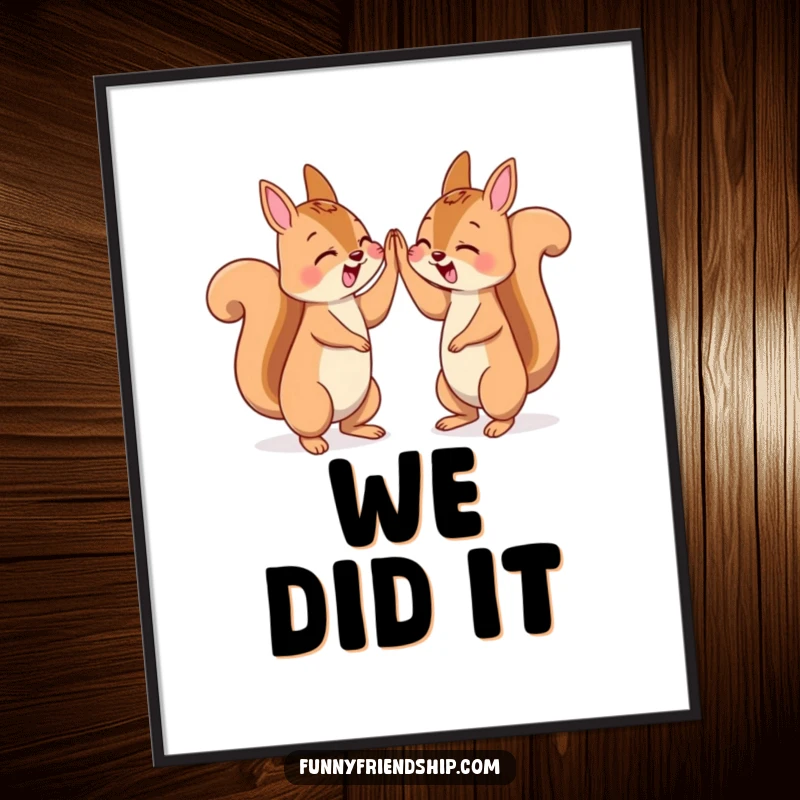Funny digital art print of two squirrels giving a high five, great for instant wall decor.