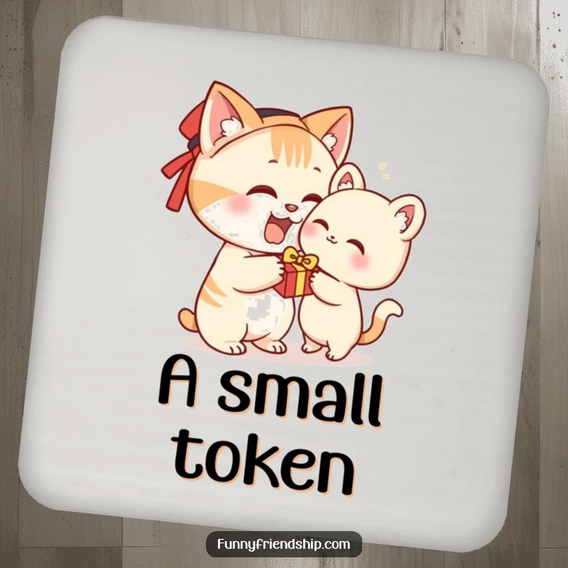 Funny drink coaster featuring a cat character offering a gift, adding humor to table protection.