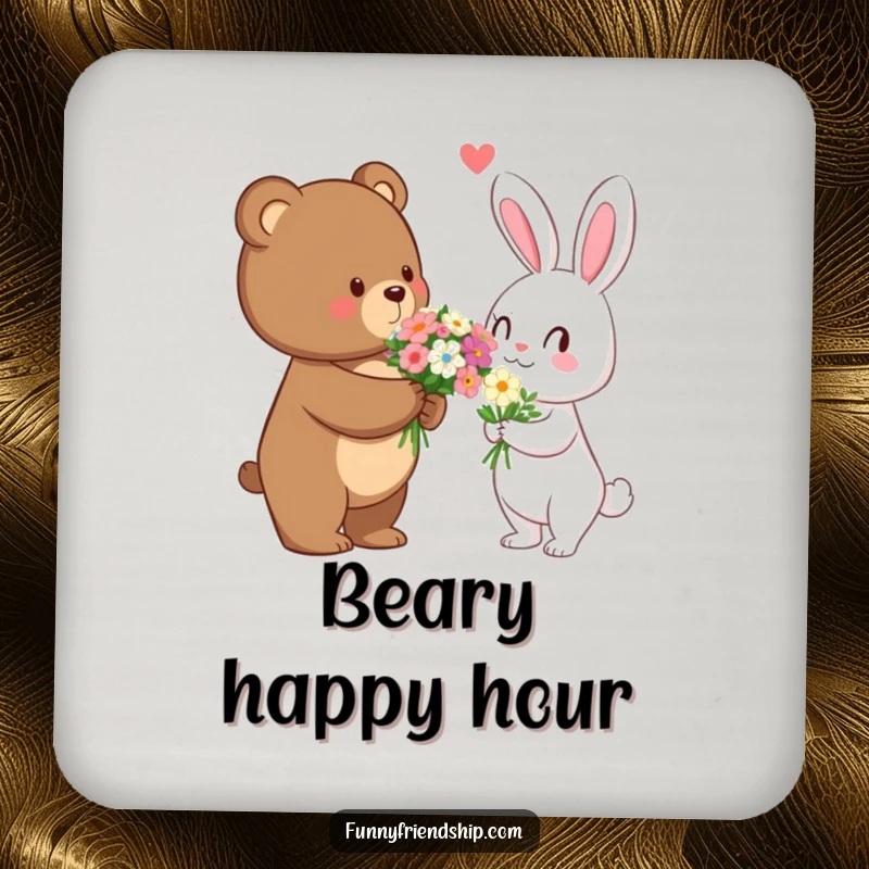 Funny bear giving flowers to a rabbit on a drink coaster, adding a touch of romantic humor to tabletops.