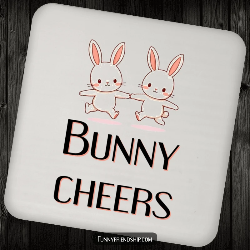 Funny drink coasters illustrating two cheerful bunny characters skipping playfully hand-in-hand, adding adorable charm to tabletops.